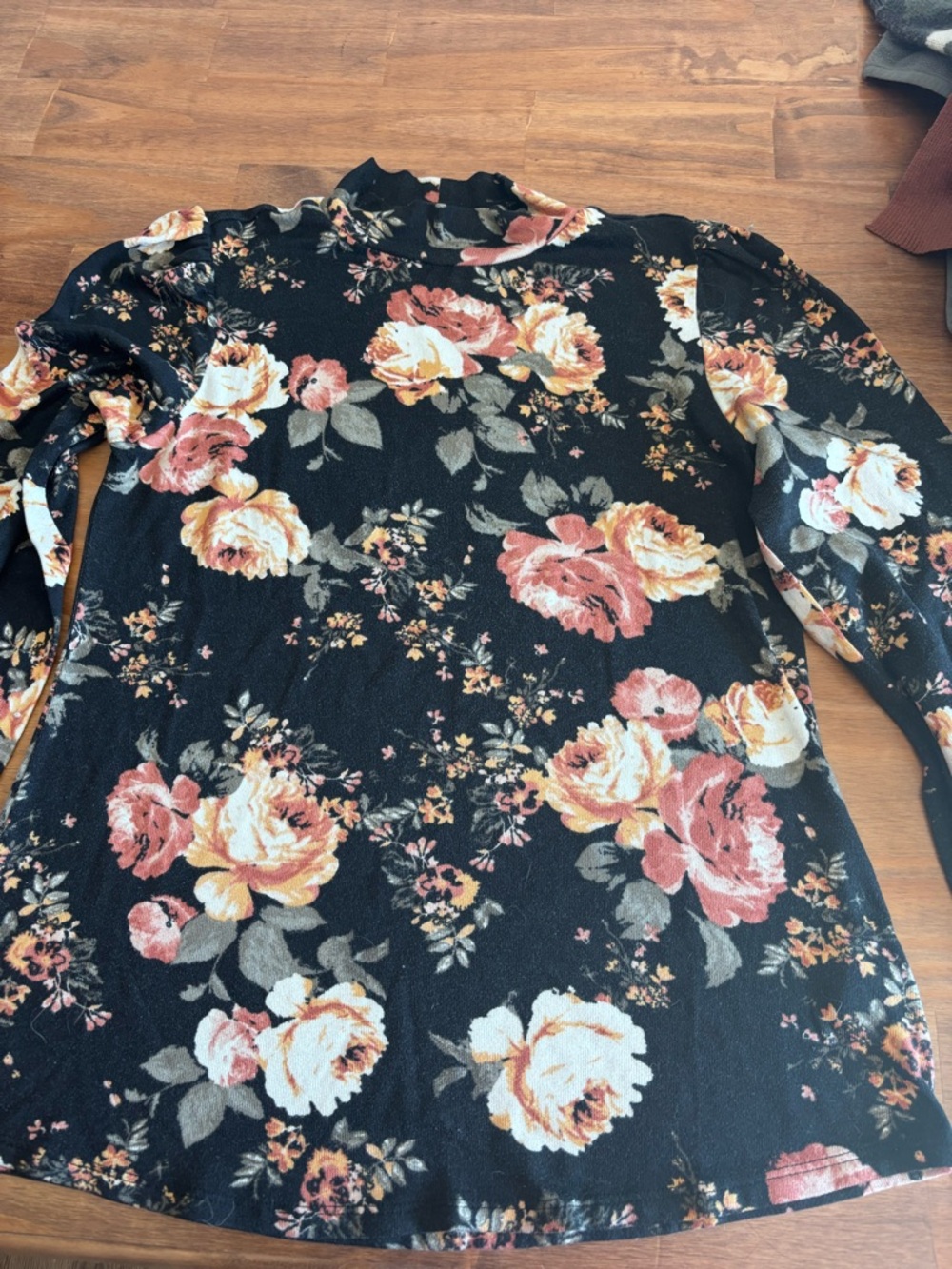 Maurices Black Floral Mock Neck Long Sleeve Top with Pink & Peach Blooms